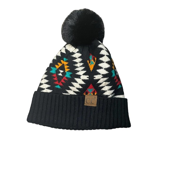 C.C Exclusive Women's Multicolor‎ Soft Aztec Pattern Beanie with Faux Fur Pom - Picture 1 of 3